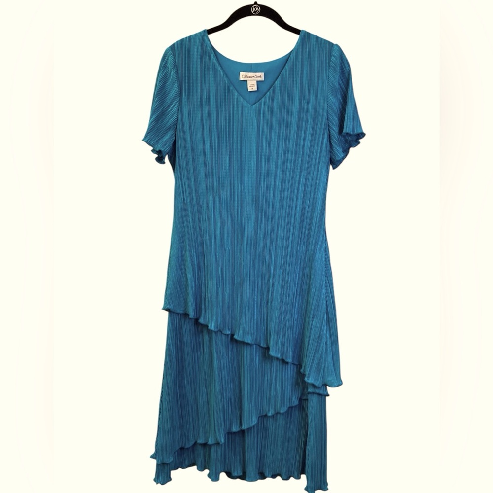 Coldwater Creek Dress Teal Blue Crepe Ruffle Sleeve layered skirt WM SZ 10